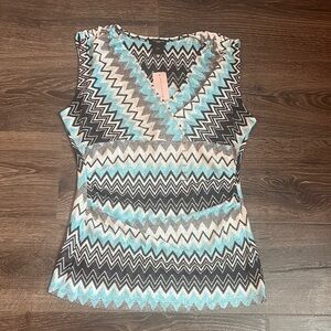Ann Taylor Chevron V-Neck Tank Top in Blue, White & Black
